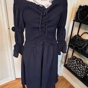 BCBGeneration Navy Smocked Off-Shoulder Midi Dress